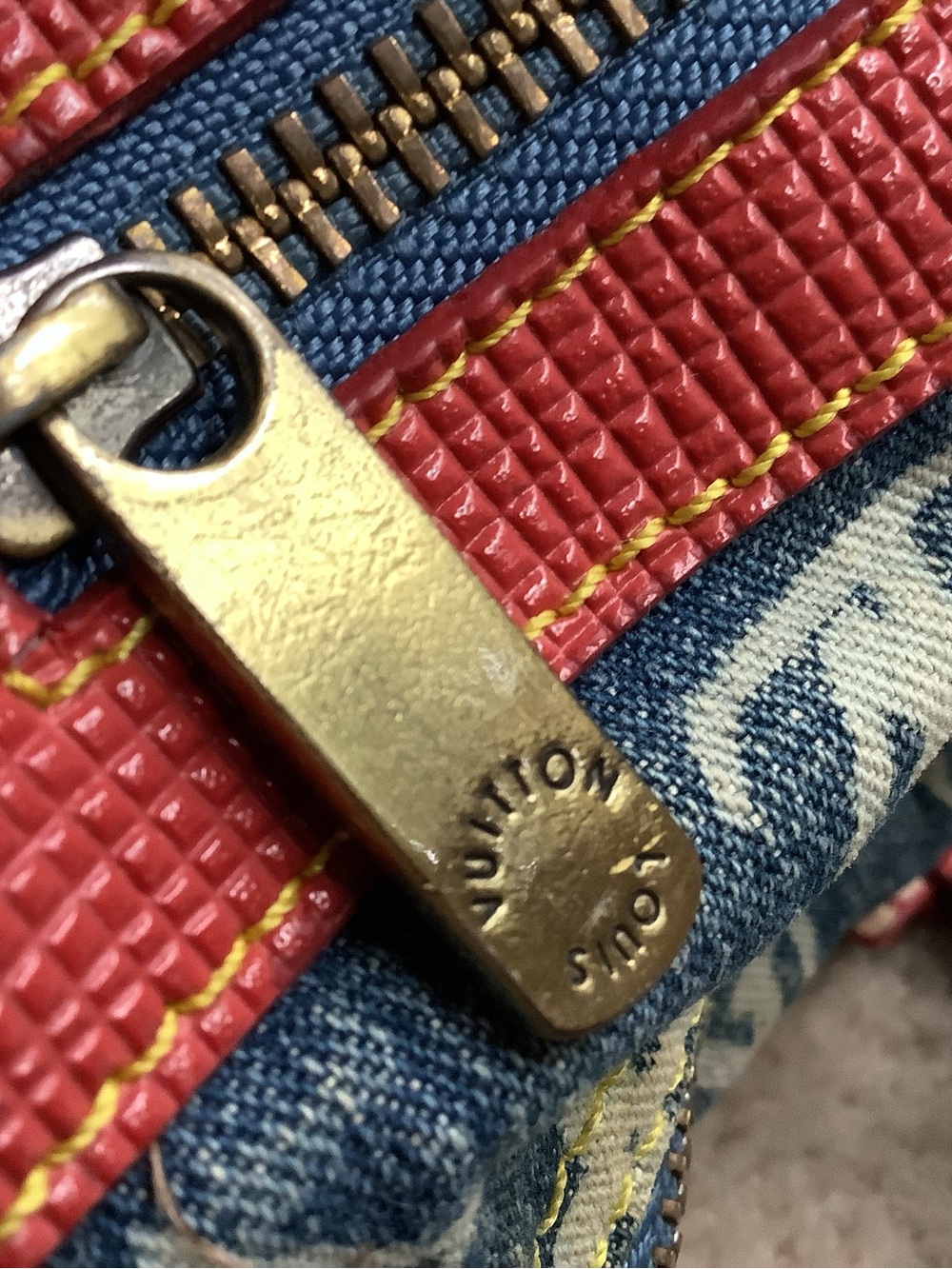 Denim and white, handbag. Red trim.  Signs of use. - Picture 3 of 16